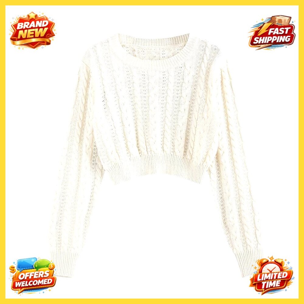 Crew Neck Cable Knit Pullover Cropped Sweater Sli… - image 1